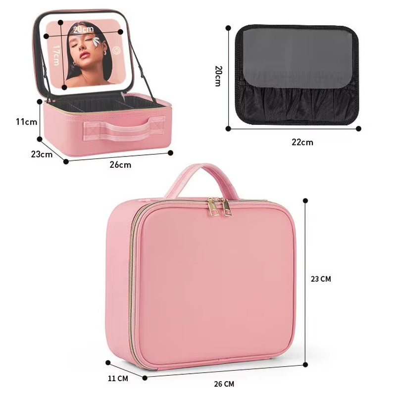 Travel Makeup Bag with Large Light up Mirror, 3 Colors Modes LED Lighted Cosmetic Organizer Waterproof PU Leather