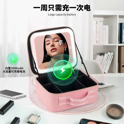 Travel Makeup Bag with Large Light up Mirror, 3 Colors Modes LED Lighted Cosmetic Organizer Waterproof PU Leather