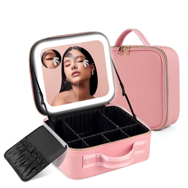 Travel Makeup Bag with Large Light up Mirror, 3 Colors Modes LED Lighted Cosmetic Organizer Waterproof PU Leather