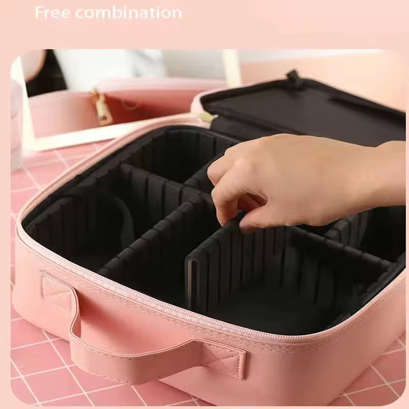 Travel Makeup Bag with Large Light up Mirror, 3 Colors Modes LED Lighted Cosmetic Organizer Waterproof PU Leather